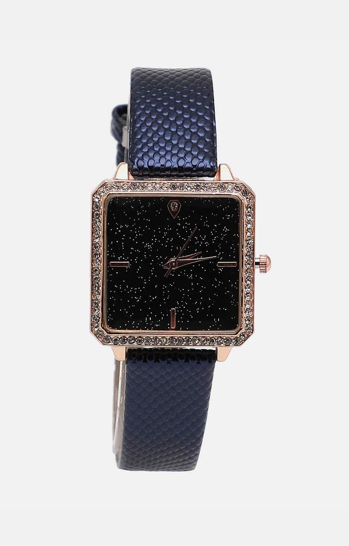 Women's Black Embellished Dial & Black Leather Bracelet Style Straps Analogue Watch