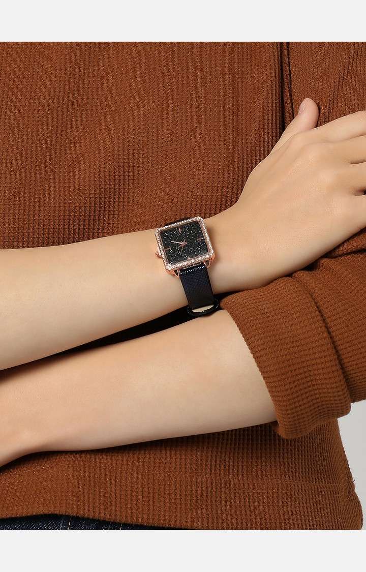 Women's Black Embellished Dial & Black Leather Bracelet Style Straps Analogue Watch