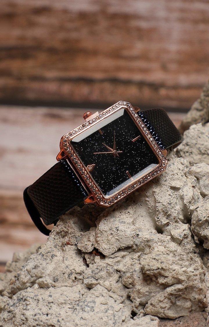 Women's Black Embellished Dial & Black Leather Bracelet Style Straps Analogue Watch