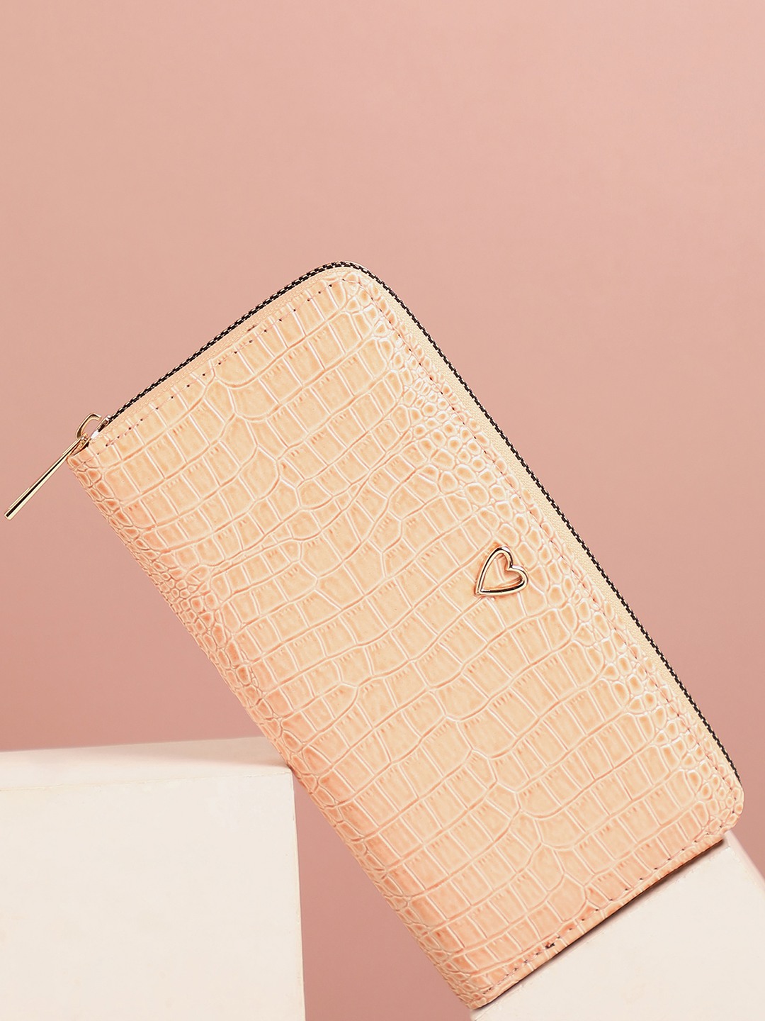 Haute Sauce By Campus Sutra  Women Beige Textured Vegan Leather Zip Around Wallet