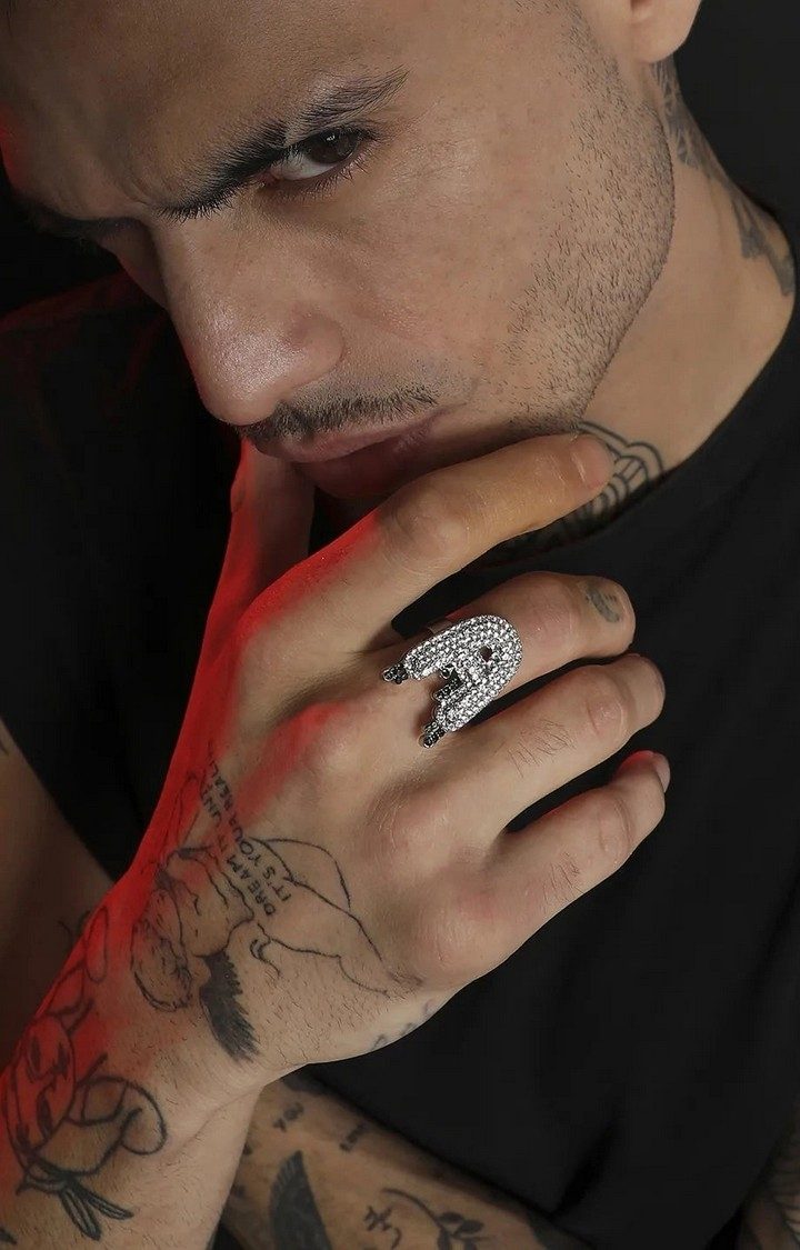 French Accent Men Silver-Plated Stone Studded A Alphabet Ring