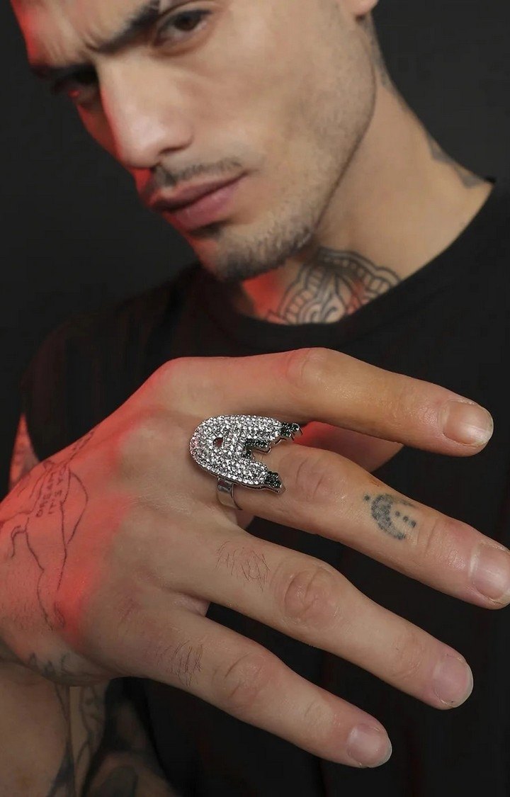 French Accent Men Silver-Plated Stone Studded A Alphabet Ring