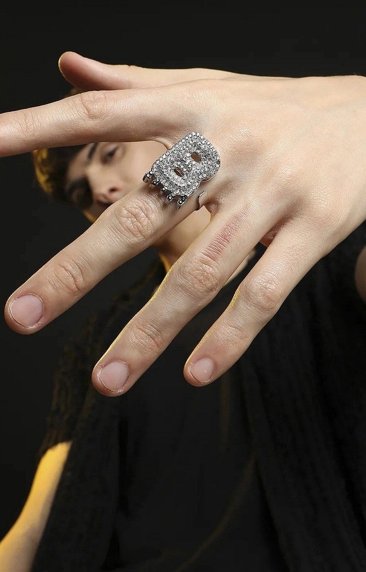 French Accent Men Silver-Plated Stone Studded B Alphabet Ring