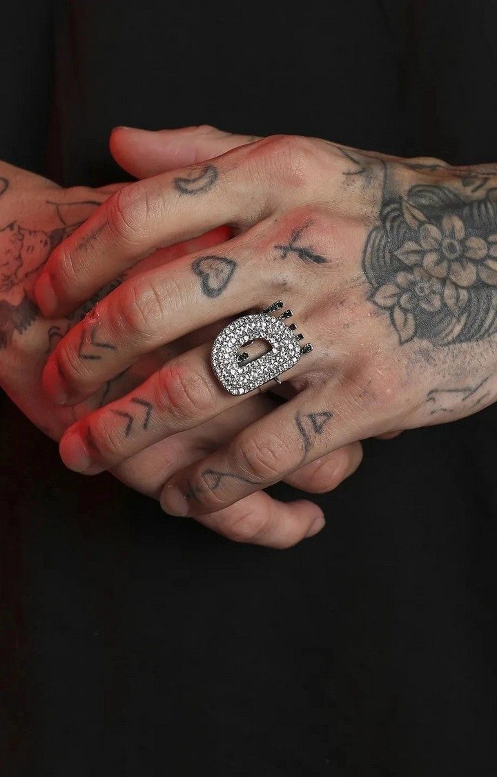 French Accent Men Silver-Plated Stone Studded Ring