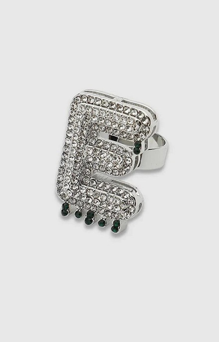 French Accent Men Silver-Plated Stone Studded E Alphabet Ring