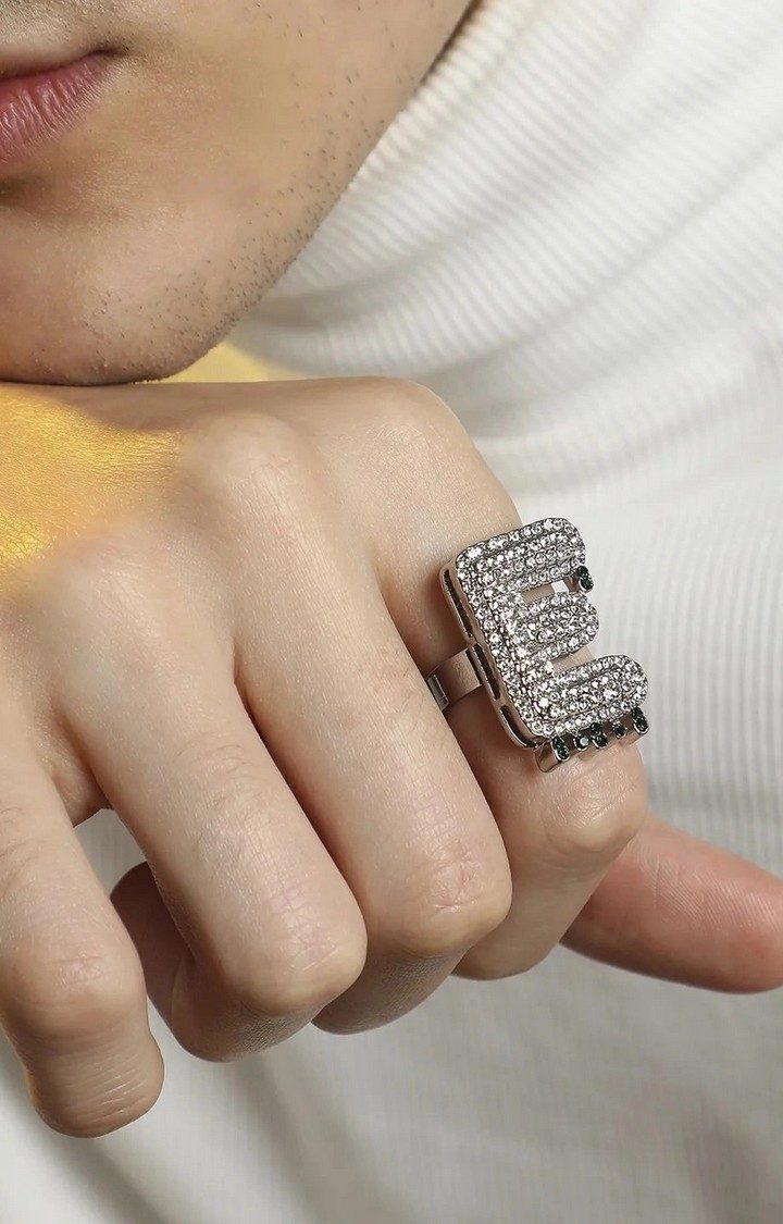 French Accent Men Silver-Plated Stone Studded E Alphabet Ring