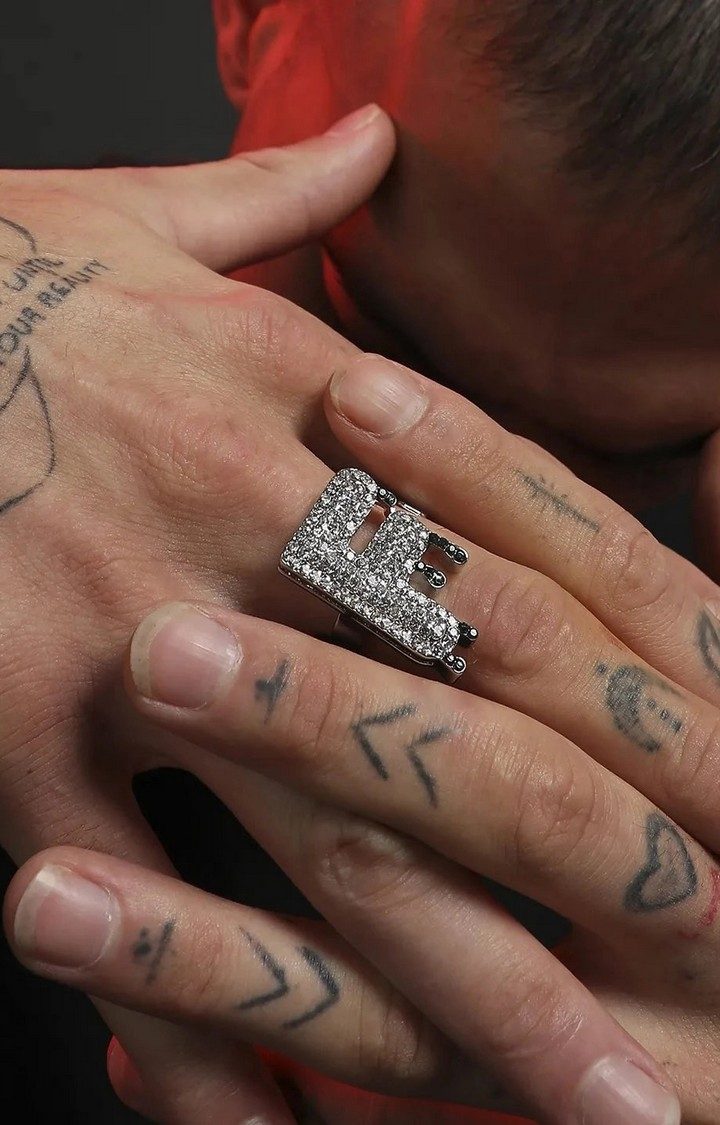 French Accent Men Silver-Plated Stone Studded F Alphabet Ring