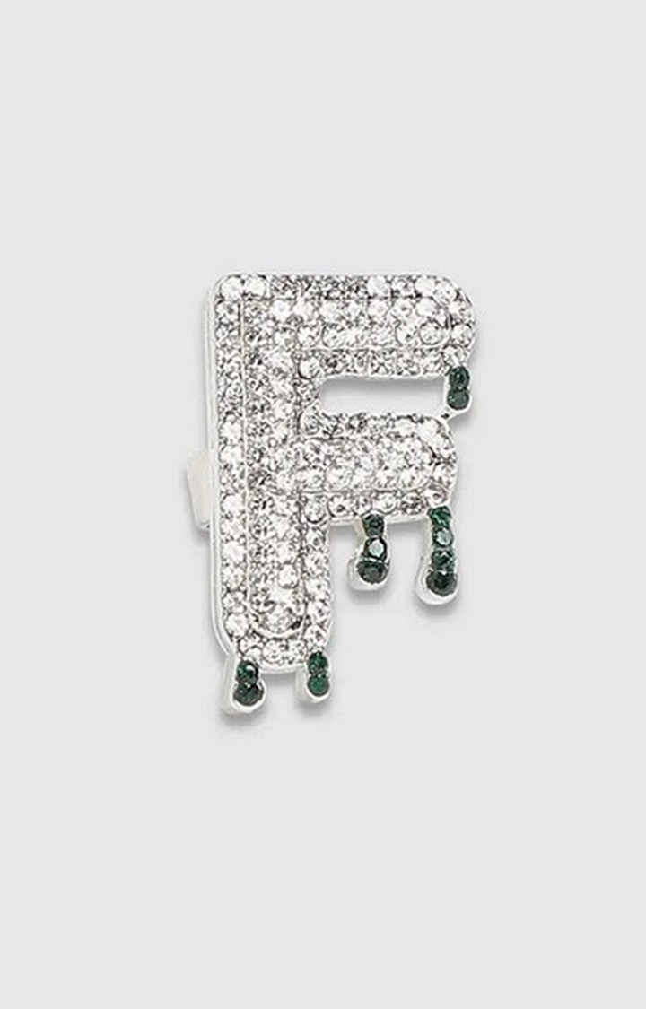 French Accent Men Silver-Plated Stone Studded F Alphabet Ring