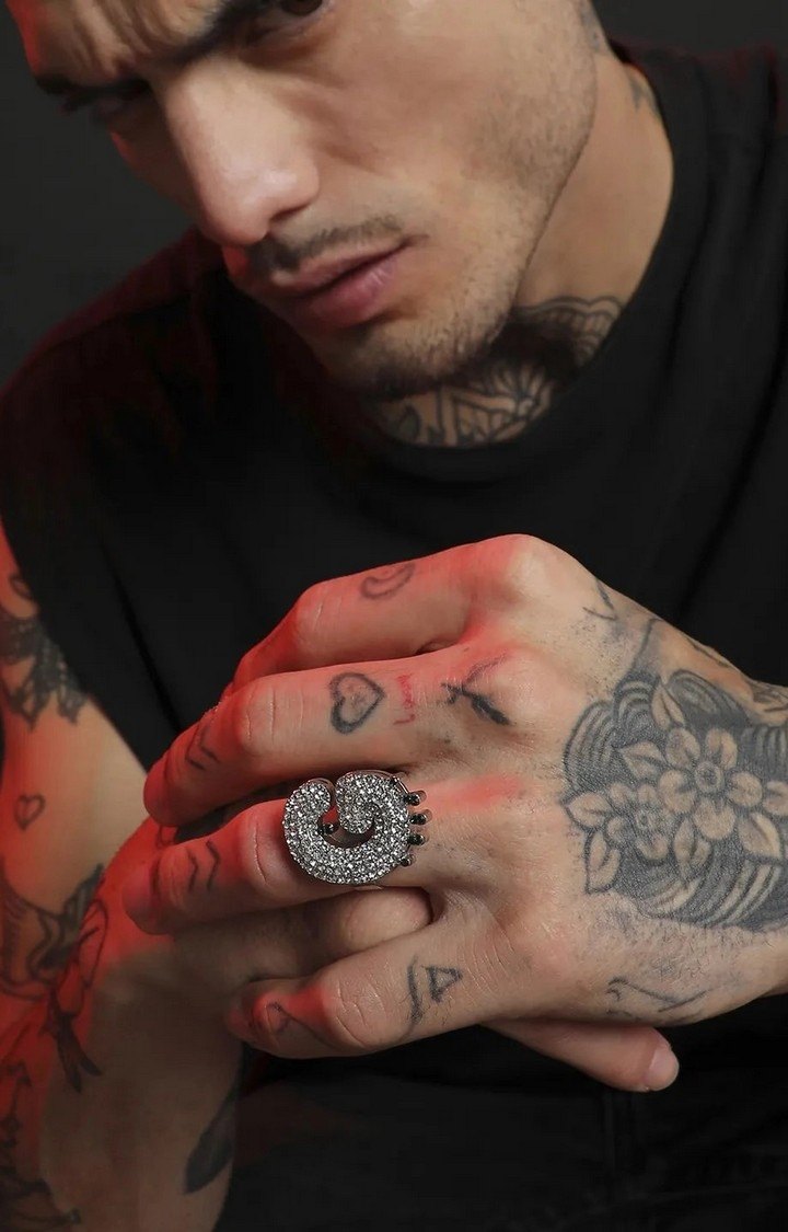 French Accent Men Silver-Plated Stone Studded G Alphabet Ring