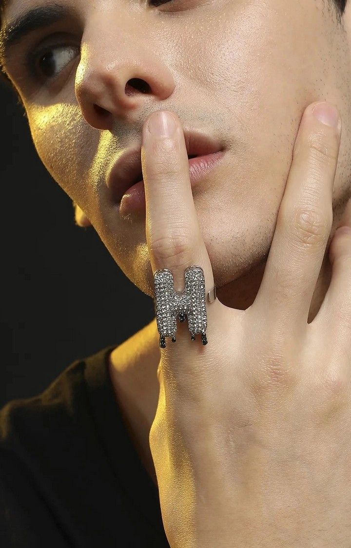 French Accent Men Silver-Plated Stone Studded H Alphabet Ring