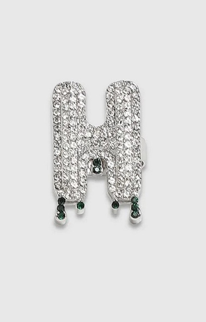 French Accent Men Silver-Plated Stone Studded H Alphabet Ring