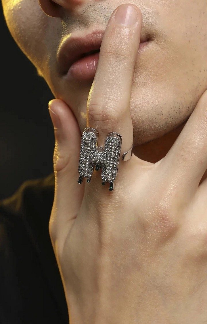 French Accent Men Silver-Plated Stone Studded H Alphabet Ring