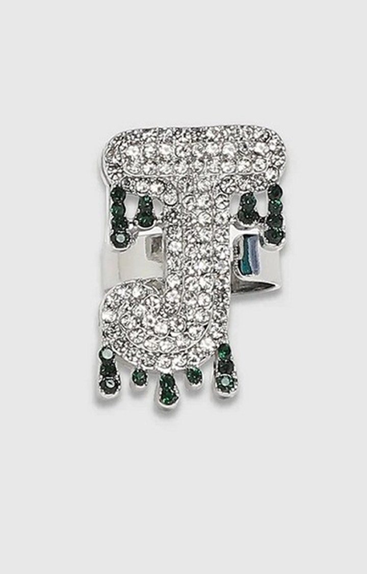 French Accent Men Silver-Plated Stone Studded J Alphabet Ring