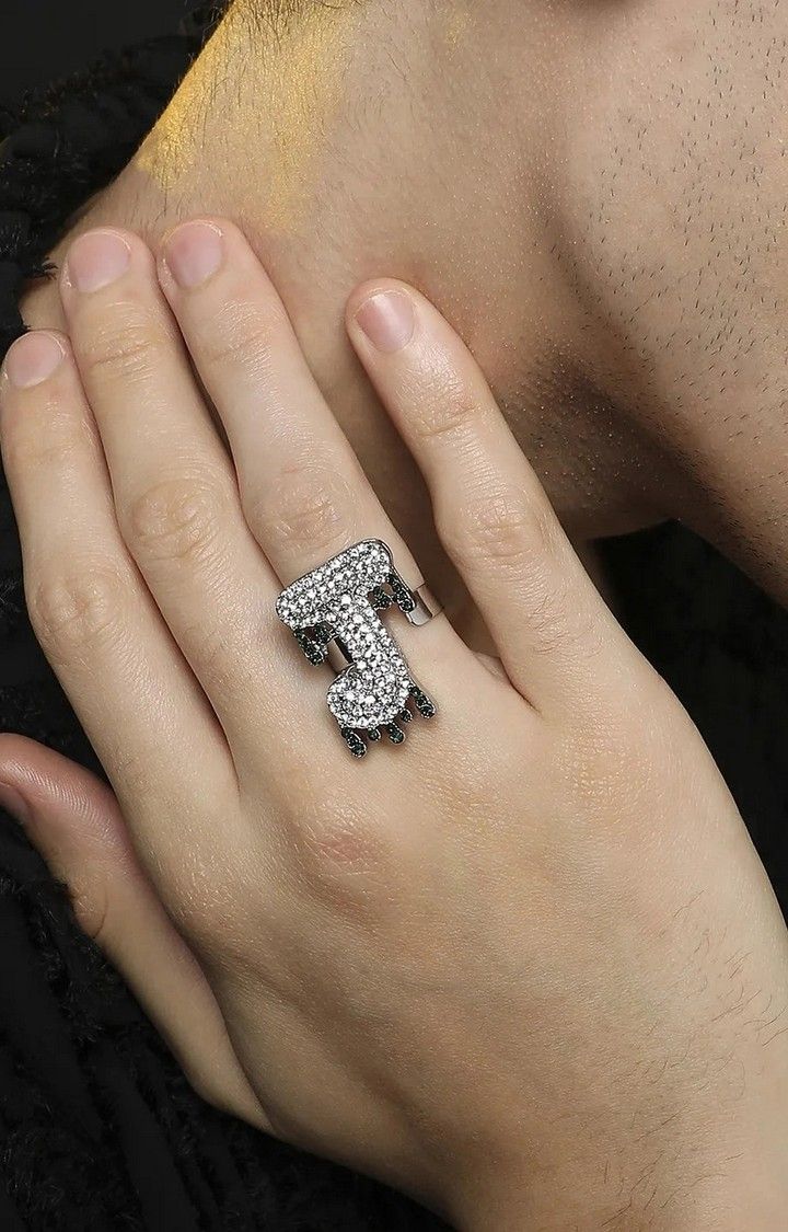 French Accent Men Silver-Plated Stone Studded J Alphabet Ring