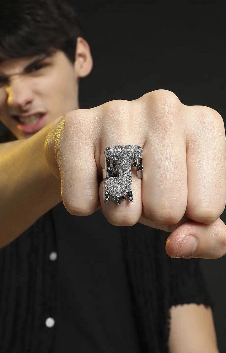 French Accent Men Silver-Plated Stone Studded J Alphabet Ring