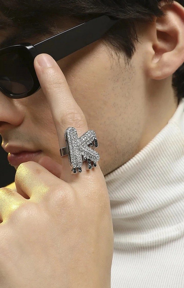 French Accent Men Silver-Plated Stone Studded K Alphabet Ring