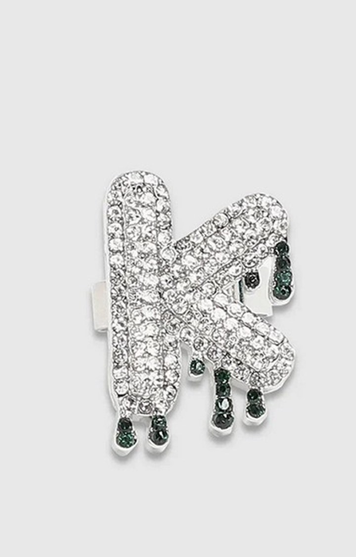 French Accent Men Silver-Plated Stone Studded K Alphabet Ring