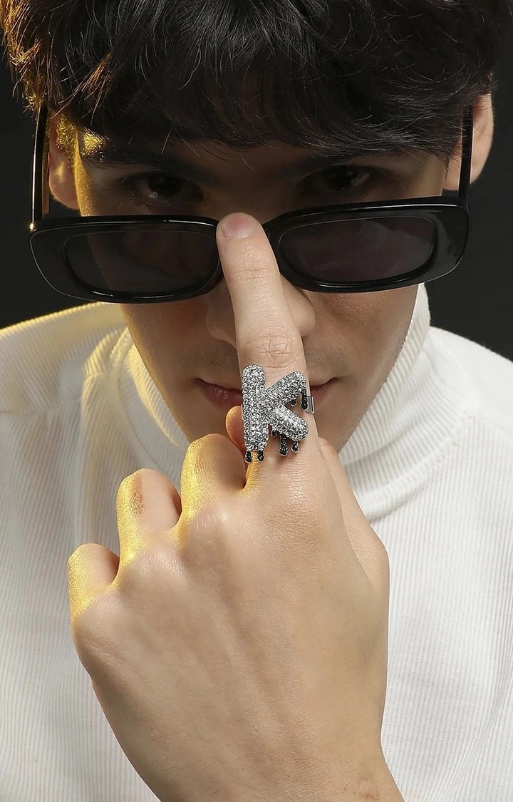 French Accent Men Silver-Plated Stone Studded K Alphabet Ring