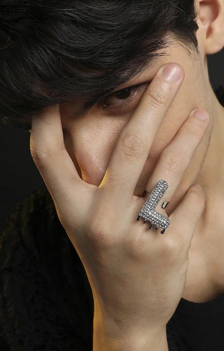 French Accent Men Silver-Plated Stone Studded L Alphabet Ring