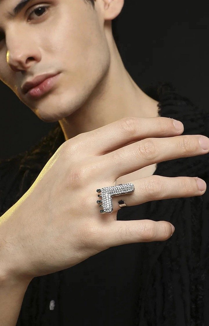 French Accent Men Silver-Plated Stone Studded L Alphabet Ring