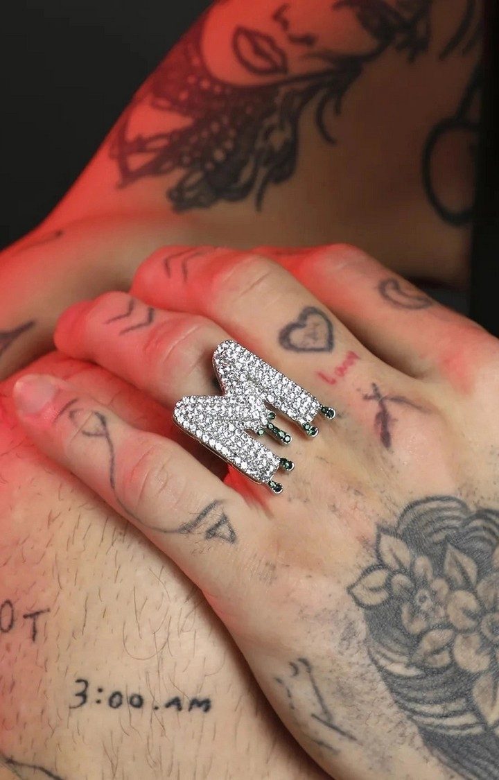 French Accent Men Silver-Plated Stone Studded M Alphabet Ring