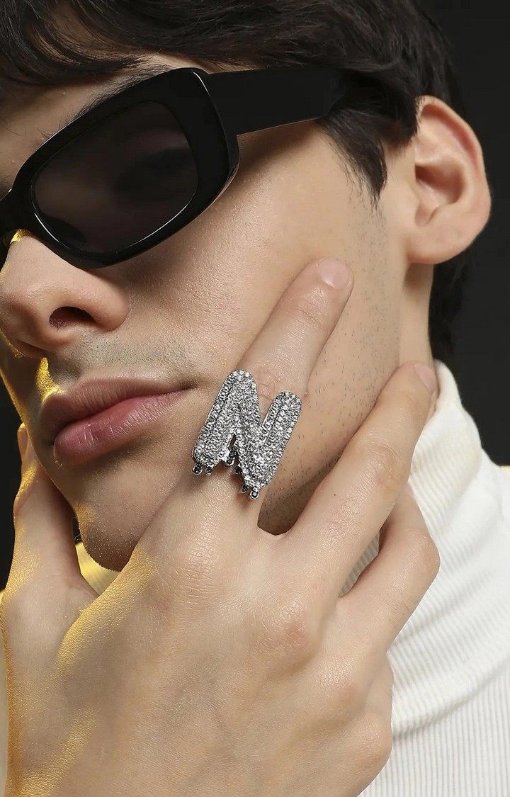 French Accent Men Silver-Plated Stone Studded Ring