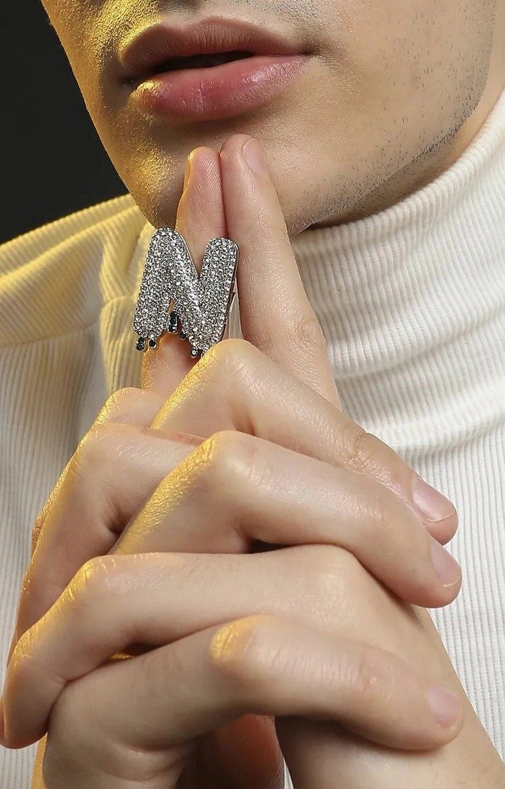 French Accent Men Silver-Plated Stone Studded Ring