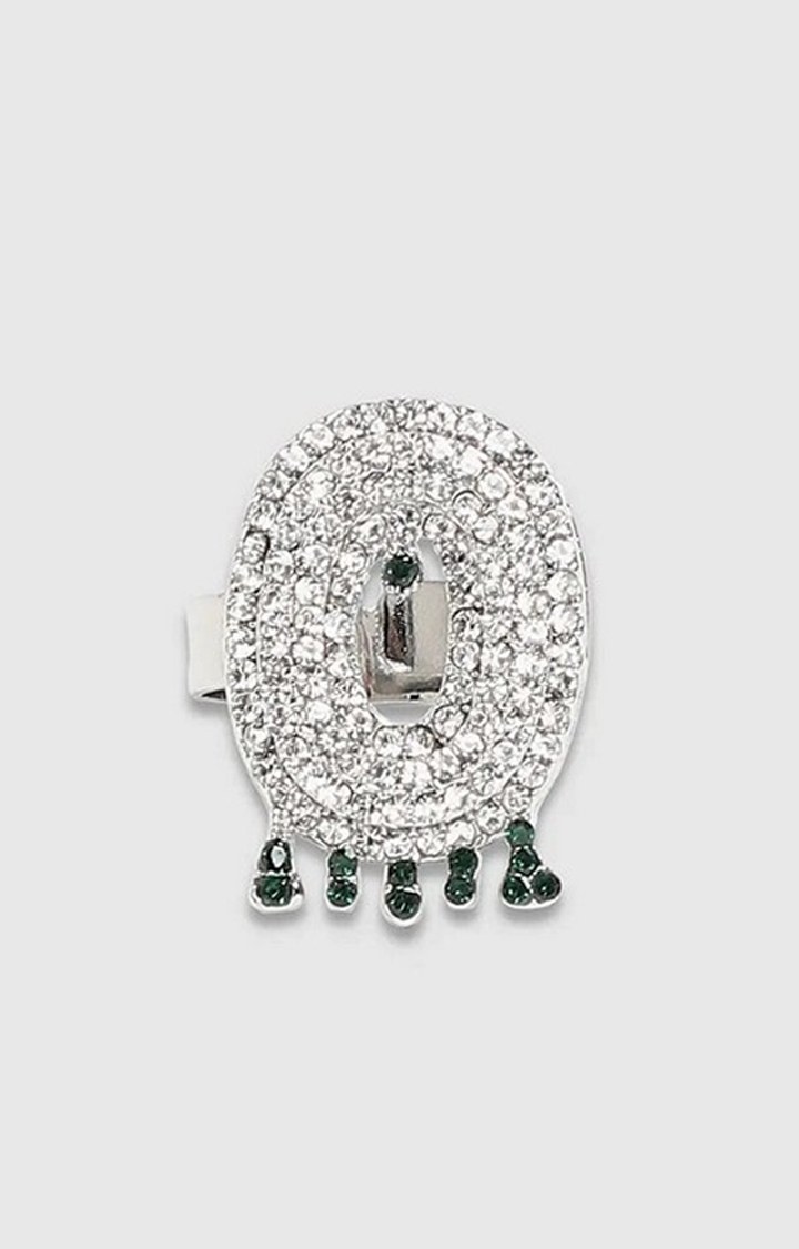 French Accent Men Silver-Plated Stone Studded O Alphabet Ring