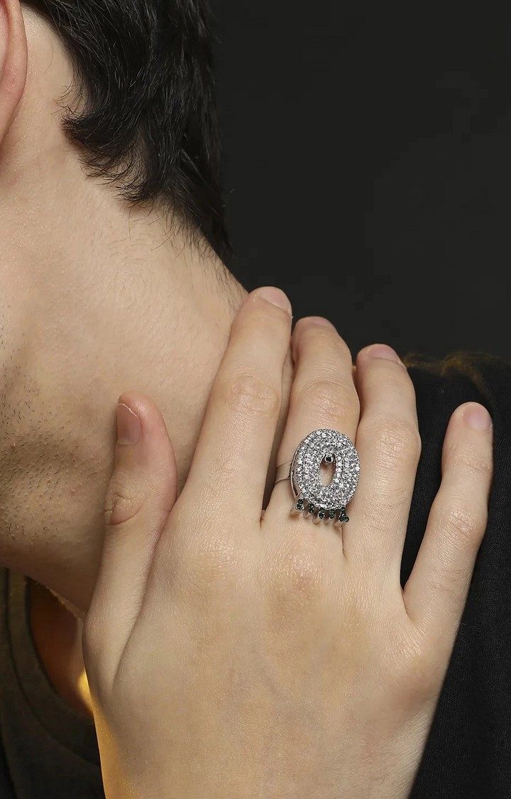 French Accent Men Silver-Plated Stone Studded O Alphabet Ring