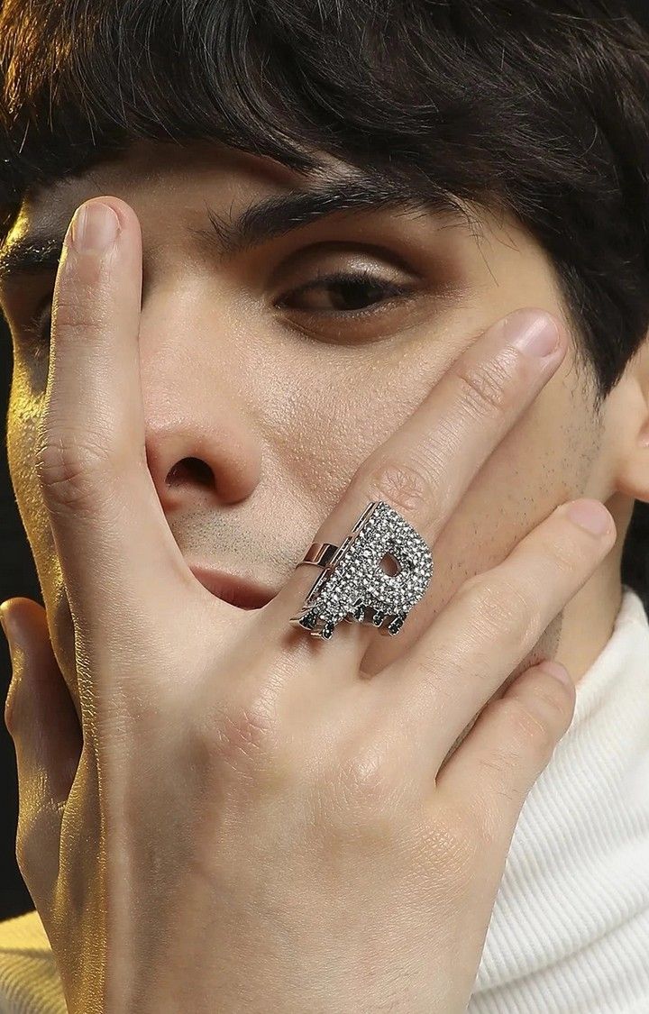 French Accent Men Silver-Plated Stone Studded W Alphabet Ring