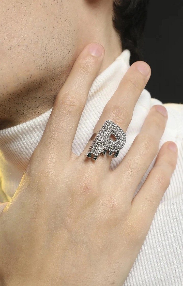 French Accent Men Silver-Plated Stone Studded W Alphabet Ring