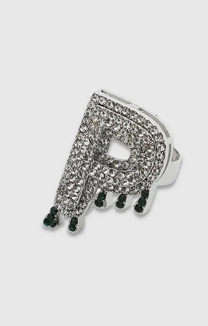 French Accent Men Silver-Plated Stone Studded W Alphabet Ring