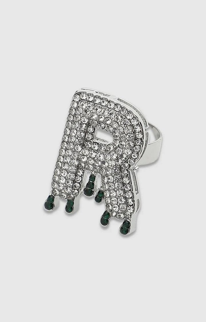 French Accent Men Silver-Plated Stone Studded R Alphabet Ring