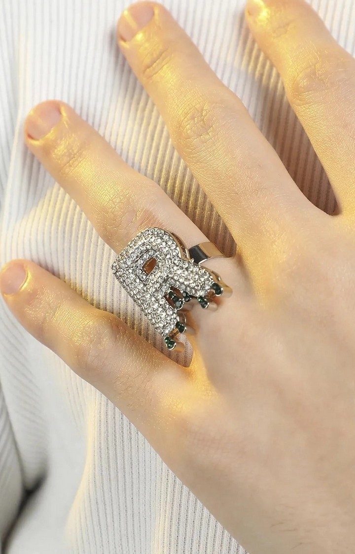 French Accent Men Silver-Plated Stone Studded R Alphabet Ring