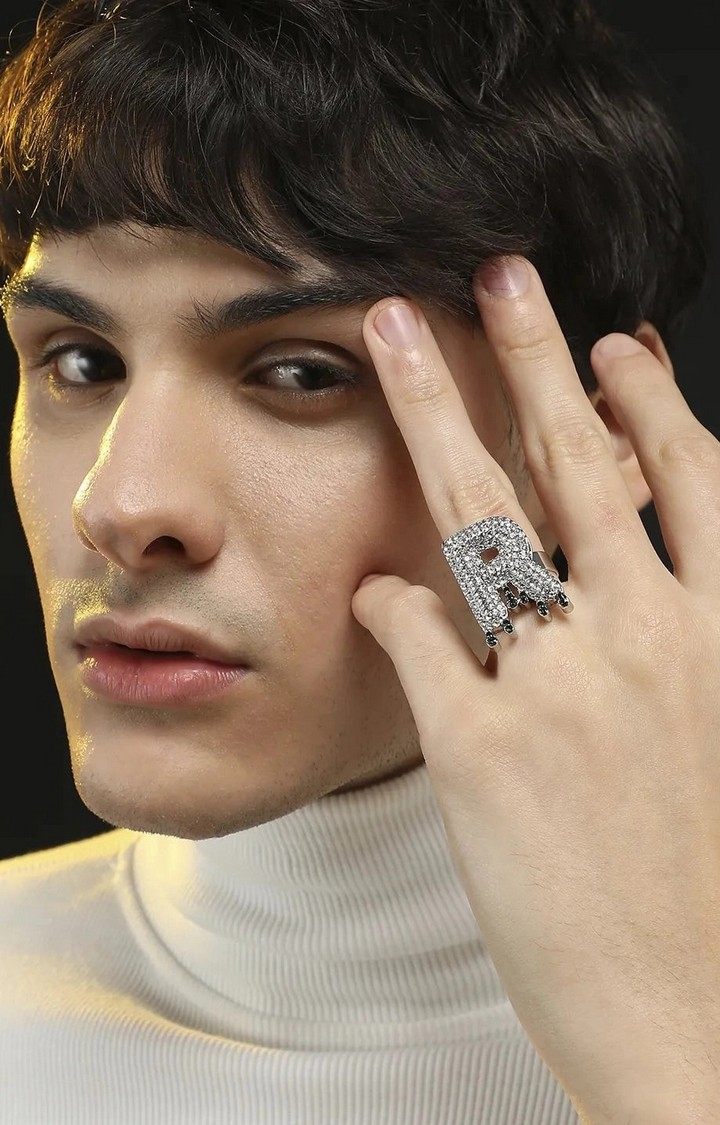 French Accent Men Silver-Plated Stone Studded R Alphabet Ring
