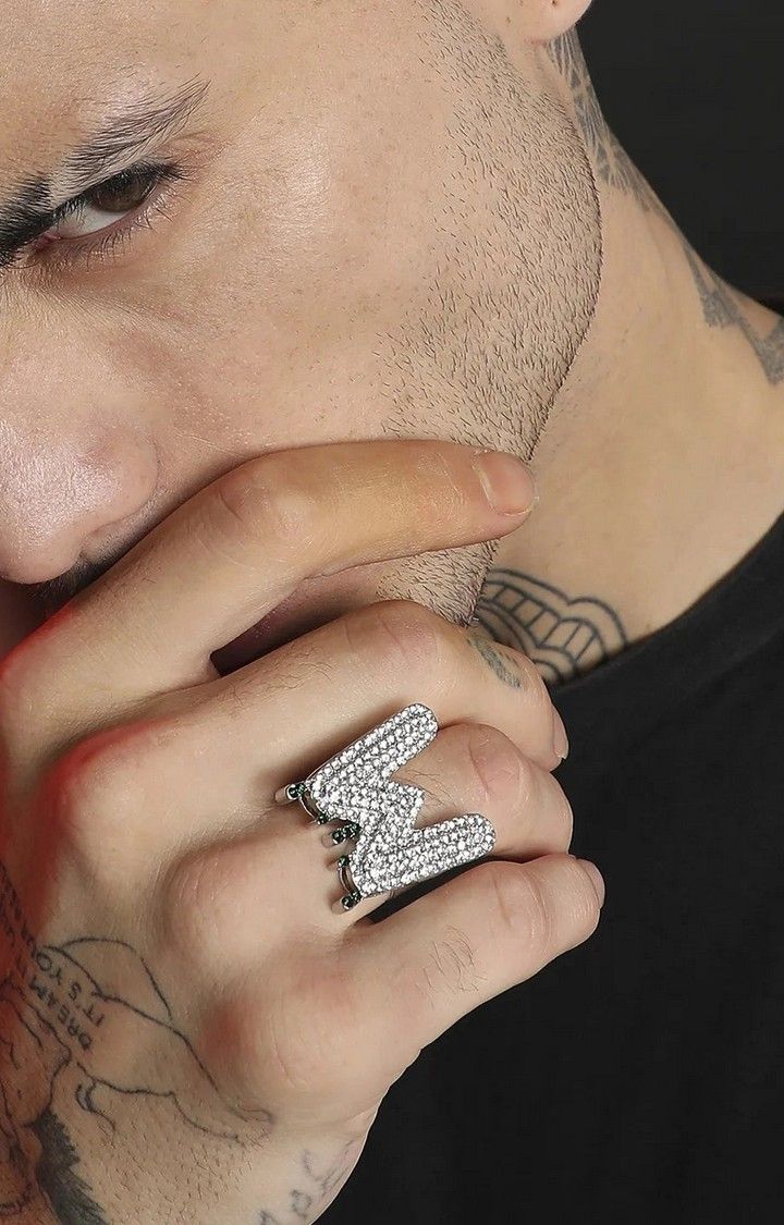 French Accent Men Silver-Plated Stone Studded W Alphabet Ring