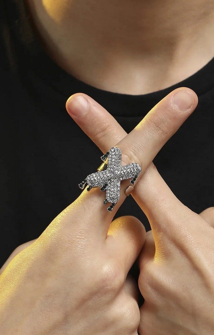 French Accent Men Silver-Plated Stone Studded X Alphabet Ring