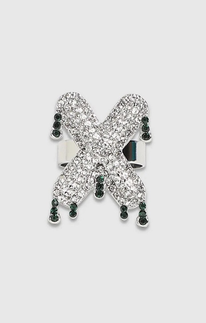French Accent Men Silver-Plated Stone Studded X Alphabet Ring