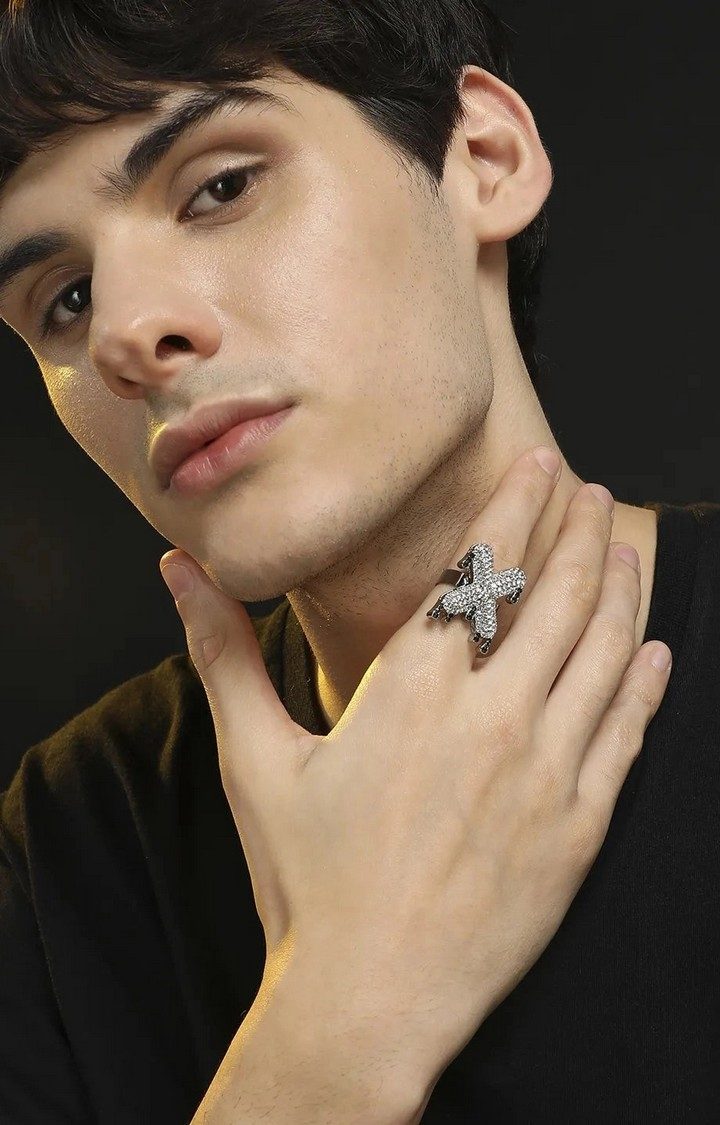 French Accent Men Silver-Plated Stone Studded X Alphabet Ring