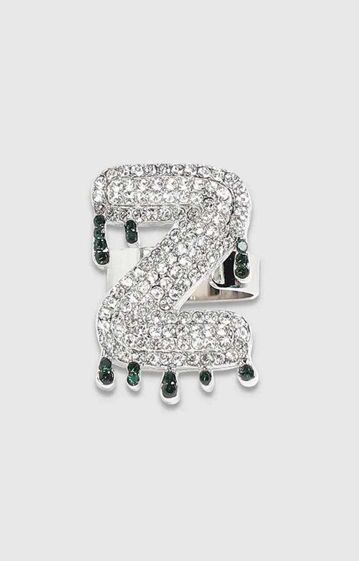 French Accent Men Silver-Plated Stone Studded Z Alphabet Ring