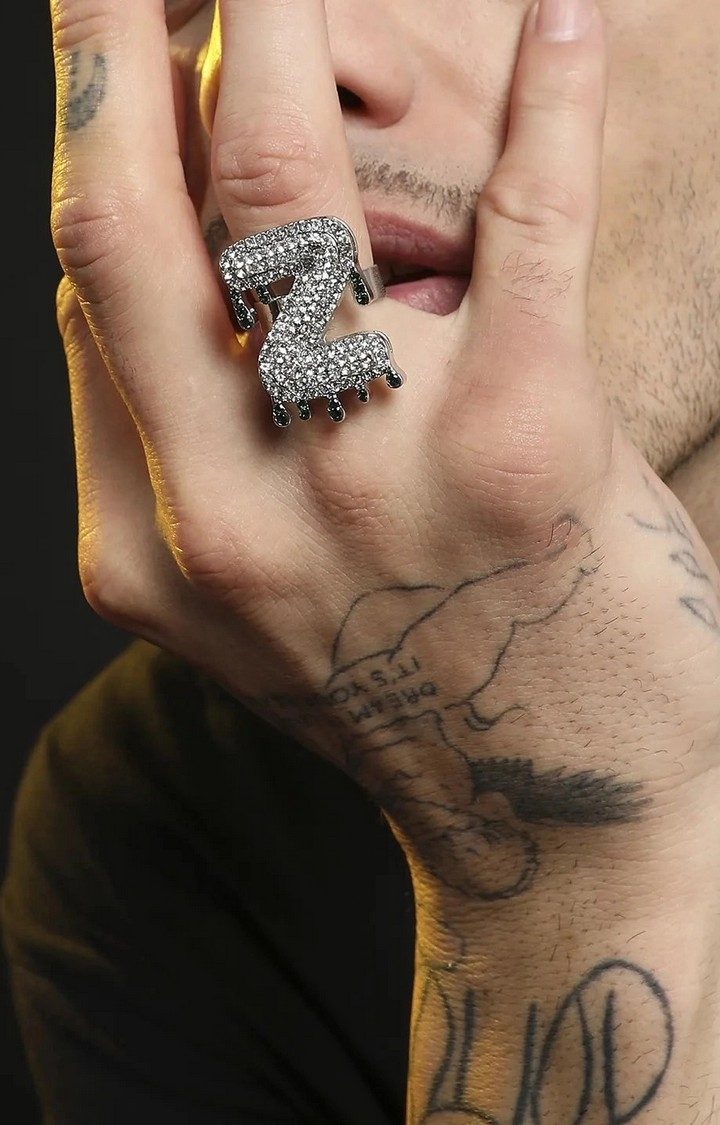 French Accent Men Silver-Plated Stone Studded Z Alphabet Ring