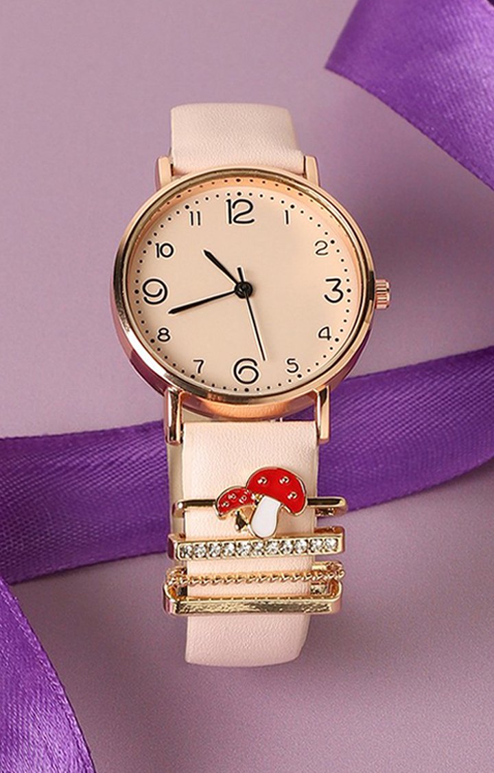 Women's Round Analogue Watch With Mushroom Watch Charm