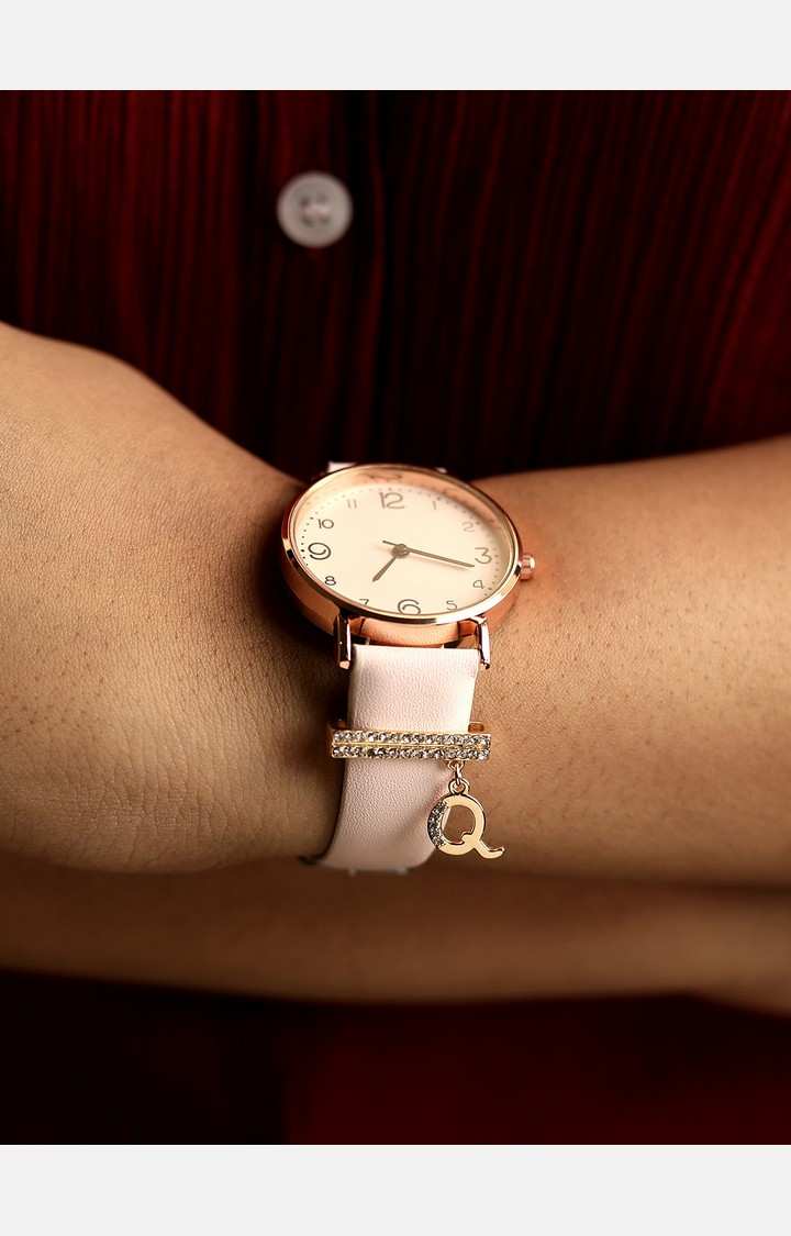 Women's Round Analog Watch With Q Liberty Initial Watch Charm