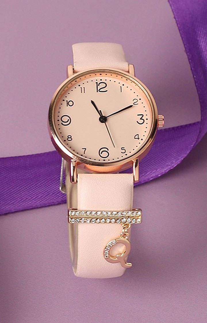 Women's Round Analog Watch With Q Liberty Initial Watch Charm
