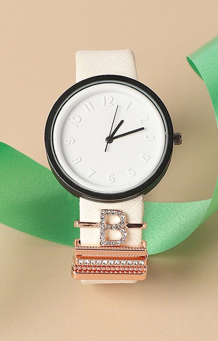 Women's Round Analog Watch With B Initial Watch Charm
