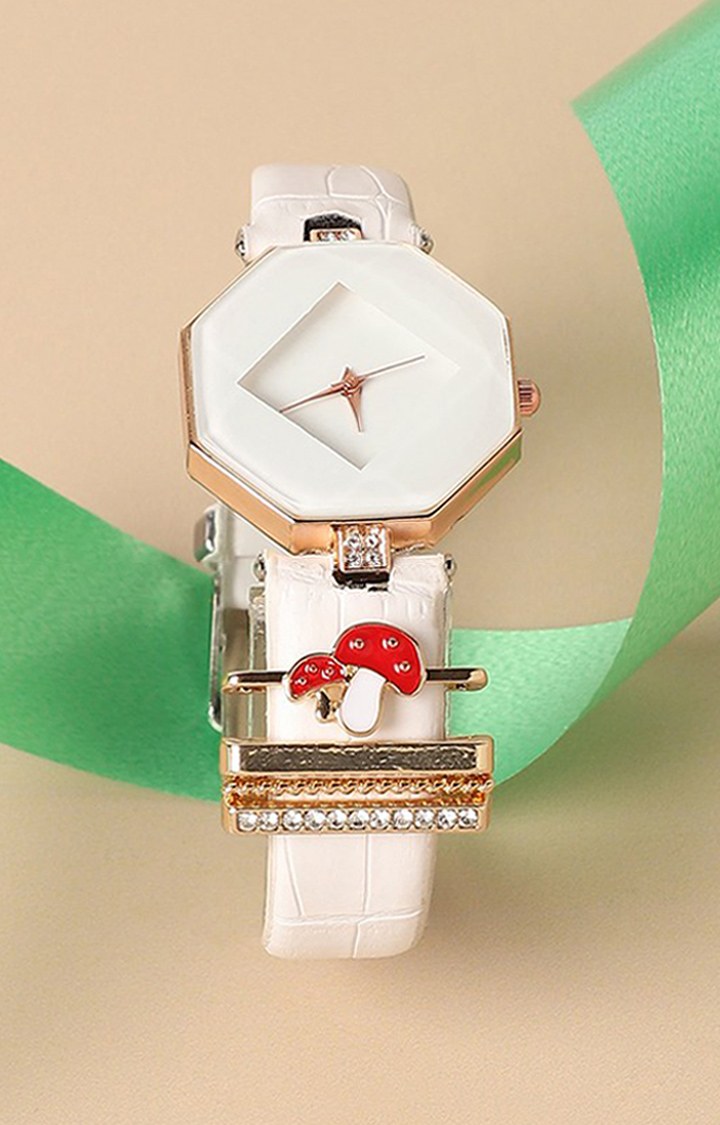 Women's Round Analog Watch With Mushroom Watch Charm