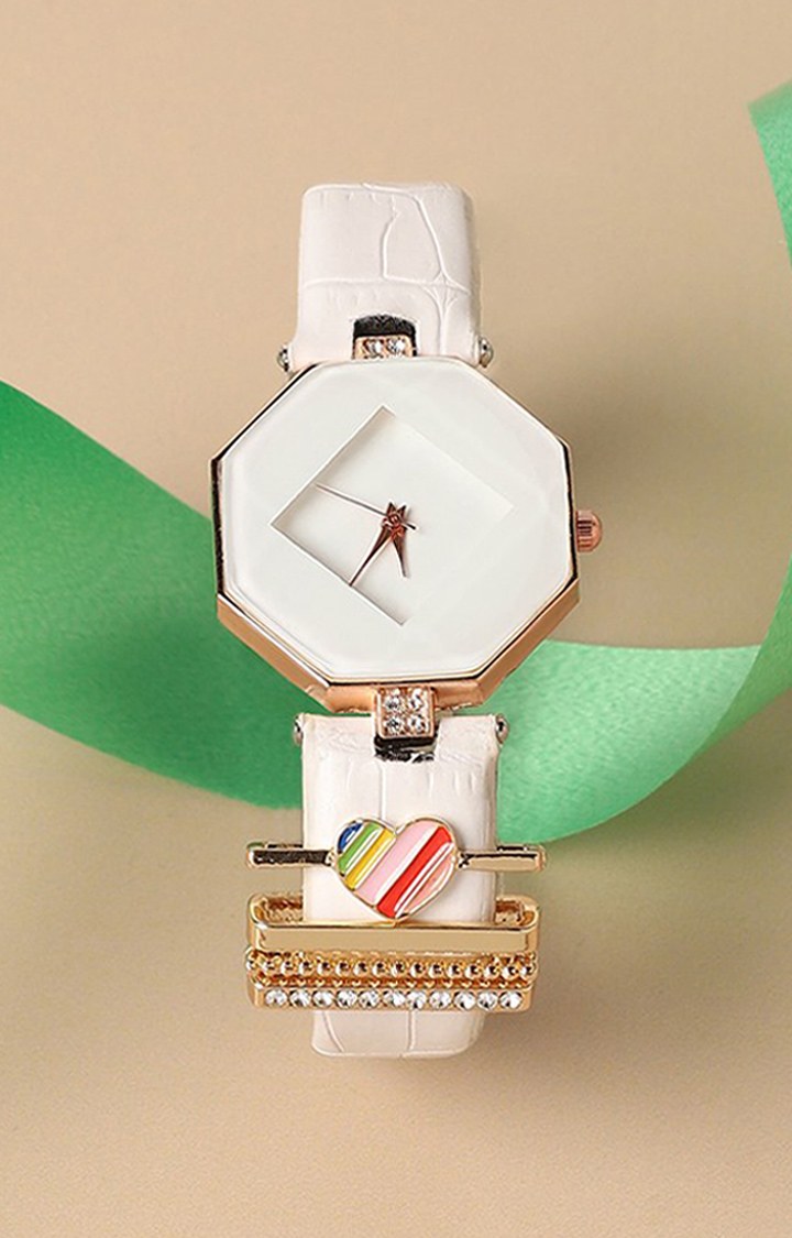 Women's Hectagon Analog Watch With Rainbow Heart Watch Charm