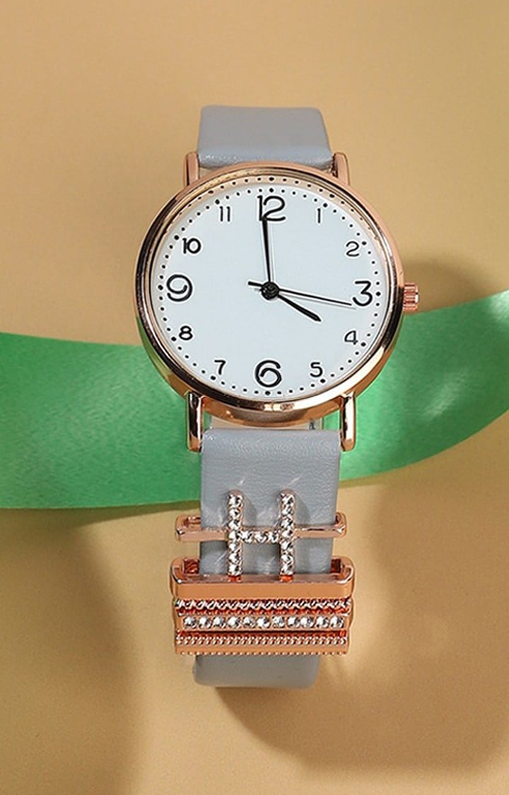 Women's Round Analogue Watch With H Initial Charm