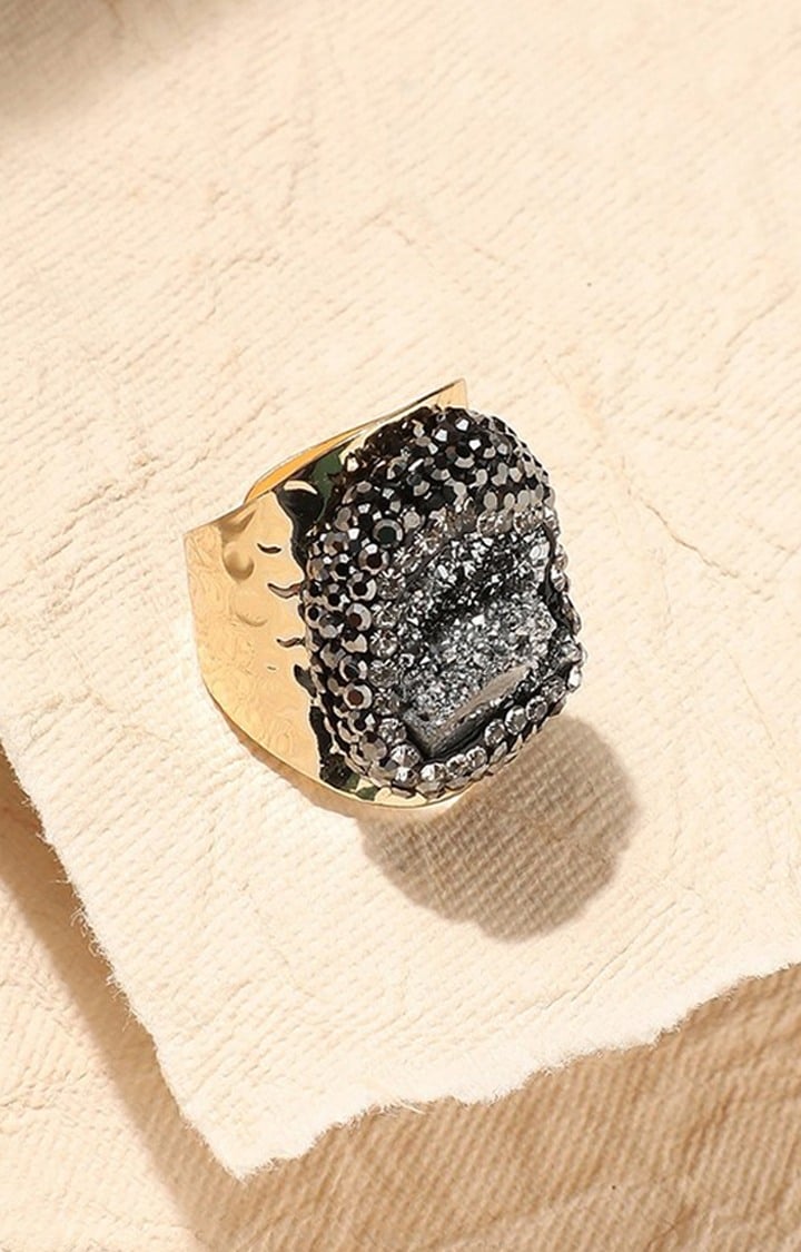 SOHI Gold-Plated Stone-Studded Crest Statement Finger Ring
