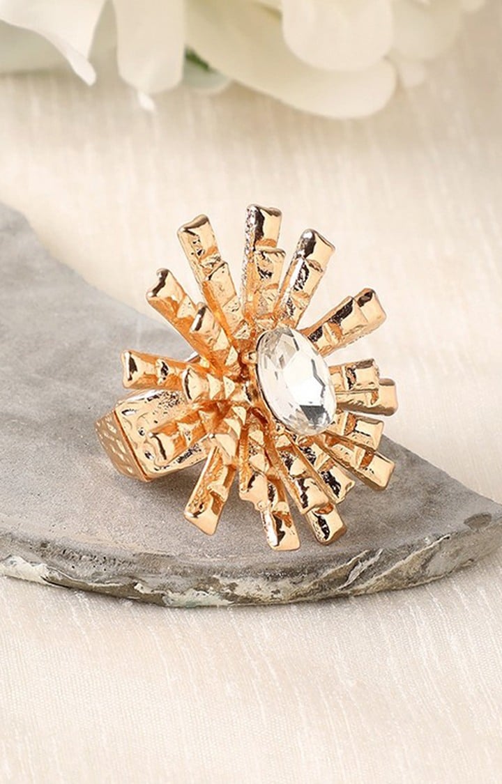 SOHI Gold-Plated Crystals-Studded Bud Flower Statement Finger Ring